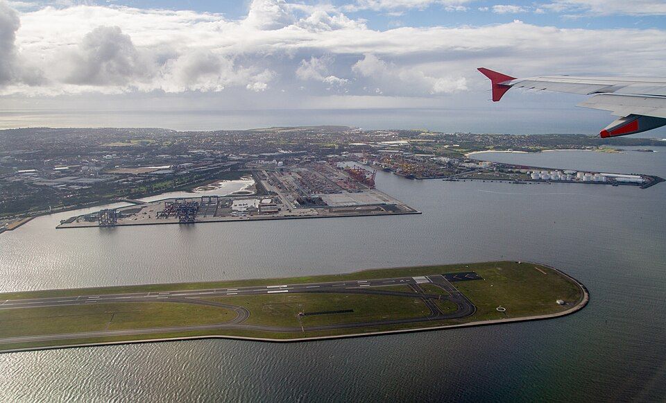 Sydney Airport runway and Botany Port from the air
